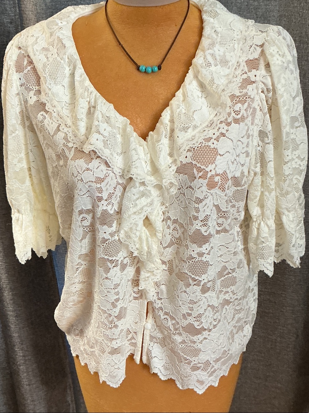 Ultra Pink Ivory Lace Ruffle Front Blouse